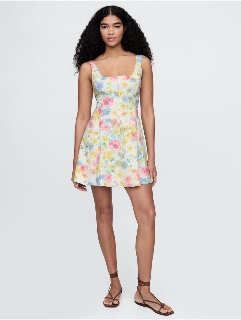 NWT Gap Linen-Blend Mini Dress Floral yellow pink white sundress MEDIUM